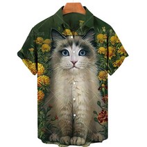신혼여행 유럽 필리핀여행 하와이안 셔츠 남성 귀여운 고양이 프린트 반팔 오버사이즈 빈티지 의류 캐주