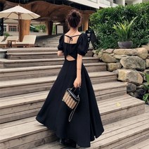 동남아여행 원피스 동남아 여행룩 베트남 태국 필리핀 우아한 하이 웨스트 스퀘어 칼라 퍼프 소매 보우 a