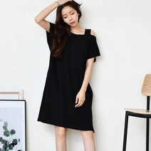 어깨끈 반팔원피스)어깨트임 미디 오프숄더 나시원피스 민소매 롱티셔츠 박시 루즈핏