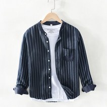 면마블라우스 스위트 줄무늬 스탠딩카라 긴 소매 남성 캐쥬얼 청년 단아한 배기 와이드 루즈핏 린넨 와이셔츠 4038036594, 블루 T750