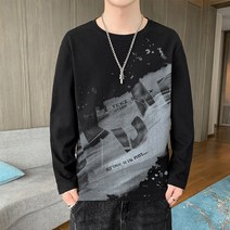 라운드넥긴팔티 롱슬리브티 남자 개성 심플 발묵 봄가을 계절 트렌드 얇은 와이드 루즈핏 단아한 핏아우터 2490728638