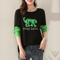 [이꾸띠] 잇리 봄 가을 2040 여성 라운드넥 배색 귀여운 그림 레터링 개성 있는 스타일 면혼방 원컬러 티셔츠