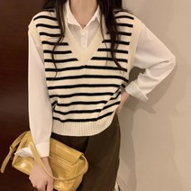 셀리즈로 심플 스트라이프 브이넥 여성 니트 베스트