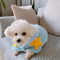 모모도퀸 노란별 뿅뿅 퍼 후드 애견 망토, 블루