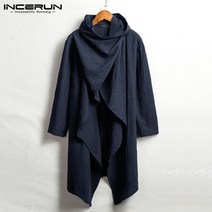 INCERUN-빈티지 남성 트렌치 코트 코튼 판초 스카프 칼라 긴 소매 망토 불규칙한 자켓 솔리드 스트리트웨어 2023