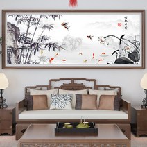 대형 수묵 산수화 그림 보석십자수 대나무 비단 잉어 행운과 복이 생기는 큐빅 비즈 구슬 십자수, 180x75cm