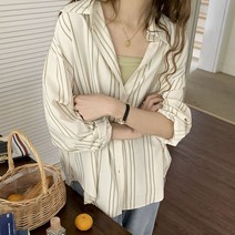 Hooozen 여성 루즈핏 캐주얼 세로 스트라이프 긴팔 셔츠