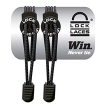 LOCK LACES 탄력 있는 자동 묶음 신발끈: 어린이 운동선수 성인 및 노인을 위한 빠른 끈 시스템 - 신발을 묶을 필요 없음 - 한 사이즈로 편안함과 견고함 유지, 검은 색