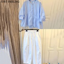 JUST FEEL!NG 여성 빅사이즈 여름 캐주얼 셔츠 블라우스 와이드 팬츠 바지 투피스 상하복세트