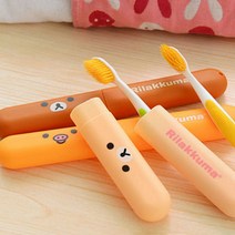 PKFARM 1+1 귀여운 미니 곰돌이 개별 휴대용 칫솔 케이스 여행용 칫솔통, 황색+베이지색, 1+1개