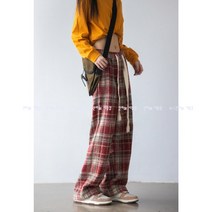 AZLAN 간지나는 긴 허리스트링 통넓은 스트레이트 일자밴딩바지 체크밴딩팬츠
