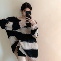 헤짐니트 라운드넥 여성 겨울 가을 얇은 키치한 오버핏 미디 롱 흑백 줄무늬 긴 소매 스웨터 핏아우터 3572056998