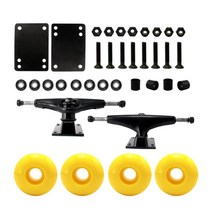 스케이트보드 패키지 52mm 휠 + 구성 요소가 있는 5인치 트럭 알루미늄 트럭 5A 경도 부션 및 6홀 베이스 플레이트, 금속, 노란색 바퀴