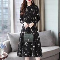 잇츠스타일 S~2XL 겨울 쉬폰 플라워 슬림 블랙 원피스 연말룩 모임룩