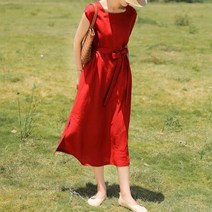 린넨 원피스 마 빅사이즈 롱 리넨 여름 스퀘어 컬러 단색 코튼 심플하고 루즈한 캐주얼 붕대 허리 미디 드레스 편안한 녹색 로브