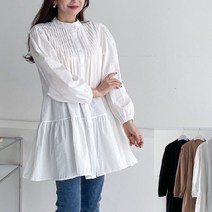 [프롬제니] 퓨얼롱 차이나카라 핀턱 주름 셔링 롱 블라우스 셔츠 원피스 화이트 블랙 박시 루즈핏 아코디언 흰색 검정색 A라인 임산부 임부