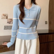 데이홀릭 여성용 가을 겨울 데일리 카라 단추 단가라 스트라이프 골지 긴팔 슬림 니트
