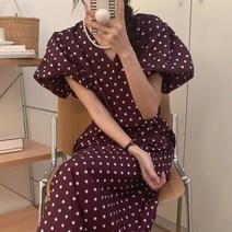스라 도트 땡땡이 퍼프 롱원피스 보라색 여름 휴양지 비치 44 66사이즈쇼핑몰 르뚜앙