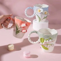 DFMEI 엠보싱 플라워 빈티지 머그컵, 삼색, 401-500ml