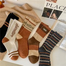 워더미 겨울 도톰 앙고라 기모 브라운 영문 일러스트 중목 양말 5켤레 W700