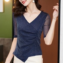 봄여름 반짝이 크로스 브이넥 반팔 티셔츠 S-3XL 여성용 댄스복 상의 슬림소녀 A25