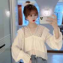 브이넥 레이스 A라인 셔츠 하늘하늘 샤랄라 보세 블라우스 수입 루즈핏 카라없는 SY