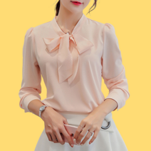 여자 긴팔 리본 블라우스 면접 하객룩 기본 흰색 핑크