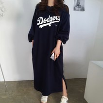 [비비애르] 다저스 베이스볼 레터링 오버핏 쭈리 기모 맨투맨 롱 원피스 88까지 홈웨어룩