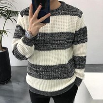 라일라이 와플 스트라이프 루즈핏 남자 라운드 니트