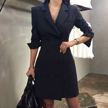 정장원피스 봄 가을 얇은 코트 옷깃 세로 줄무늬 더블 브레스트 슬림 하객룩