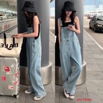 puildaug 데님 스트랩 팬츠 여성용 루즈 스트랩 팬츠 와이드 레그 스키니 패션 스트레이트 캐주얼 팬츠