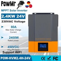 순수정현파 인버트 인버터 파워뱅크 POWMR 3KVA 2400W 하이브리드 태양 광 24V 230V PV 최대 450V 80A MPPT 충전 컨트롤러 순수 사인파 Inversor, CHINA, 2400W Without WIFI, 24V + 220-240V