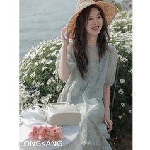 LONGKANG 여름 여자 프렌치 플라워 원피스 롱 스커트