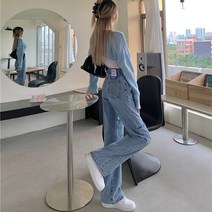 여성청바지1 여성 청바지 하이 웨스트 빈티지 스트레이트 바지 데님 바지 Streetwear 아메리칸 스타일 패션 블루 와이드 레그 데님 바지 여름
