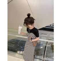 클래식 빈티지체크 병접연결 작은키 얇은타입 날씬해보이는 프랑스타입 개성 반팔 티타임 가가멜 여성원피스