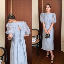 2022 여름 작은 마음에도 빈티지 퍼프소매 펀칭 벨티드 원피스녀