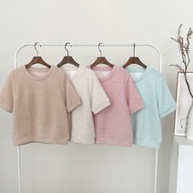 여자 러블리 페이크퍼 부클 반짝이 반팔 라운드 니트