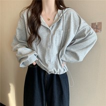 넷투넷코리아 여성 가디건 루즈 빅사이즈 후드 면 크롭 자켓 스트링