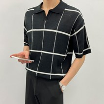 이브컴퍼니 남성 체크 오픈카라 반팔 니트 (4color) (4217-1)