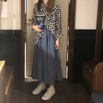 호피무늬 칼라넥 긴팔 루즈핏 셔츠 허리밴딩 A라인 롱 스커트 치마