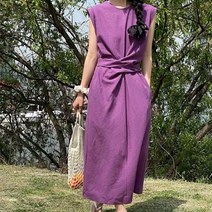 라운드넥 단정 심플 허리 스트랩 매듭 나시 면 린넨 원피스 1116952