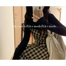 DFMEI 빈티지 클래식 체크 원피스 여 가을 패치 허리 날씬해 보이는 a라인 페이크 투피스 롱스커트
