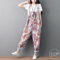 도오빠 여성 데님 멜빵바지 일자핏 청바지 꽃무늬 점프슈트 배기팬츠 여자청바지