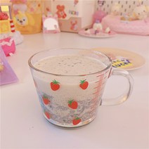 딸기 체리 시리얼컵 보울 요거트볼 우유컵 샐러드 브런치 유리볼 그릇 눈금 손잡이 글라스잔 EA, 딸기컵