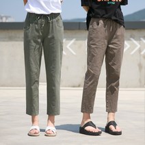 동대문스타일 마 통바지 일자핏 스판 여자 밴딩 바지 여름 린넨 8부 여성 와이드 팬츠 사이즈 66 77 88