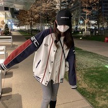 YAPOGI 야구복 여자 봄가을 2023 중고등학생 루즈핏 캐주얼 배색 점퍼 카고 코트