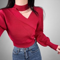 초커 원오프숄더 랩 니트 퍼프 반오픈 포인트룩 언발 브이넥
