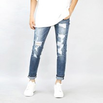 허벅스 남자 찢청 스판 밴딩 중청바지 슬림 일자 핏 디스트로이드진 찢어진 청바지 남성 데님 팬츠 S-2XL