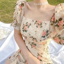 여름 롱스커트 프렌치 디자인감 미니 칼라 퍼프 소매 플라워 원피스 여름 튜브 탑 드레스