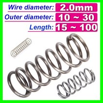 인장스프링 스텐인장스프링 금형 와이어 직경 2.0mm 압축 압력 스프링 Y 형 로터 버퍼 리턴 Cylidrical Coil Od 10 ~ 30mm 길이 15 100mm 탄소강, 2.0mm Wire diameter, 10mm Outer diameter, 100mm Length (2Pcs)
